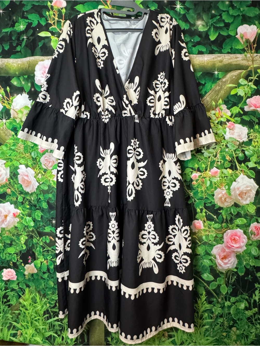 Black & Cream V-Neck Tiered Maxi Dress with Embroidered Motif